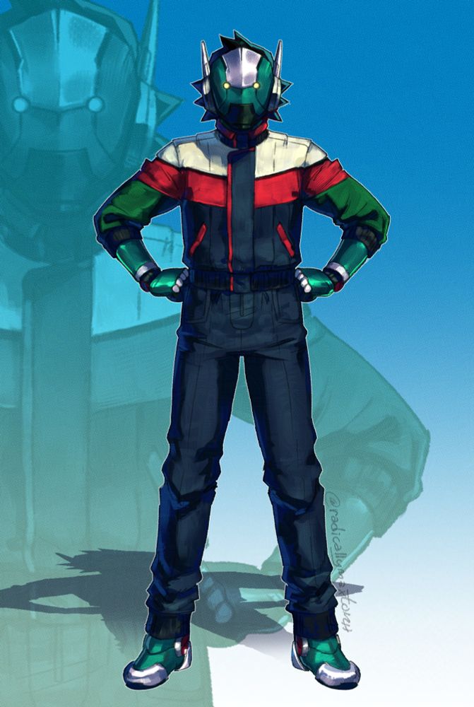 Full color illustration of my character RM7. Facing the viewer with their fists on their hips. They wear a white, red, blue, and green jumpsuit (akin to retro 80s and 90s ski wear). 