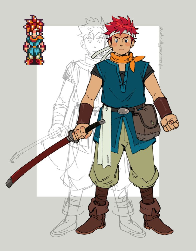 flat color character sketch of Crono from Chrono Trigger. 