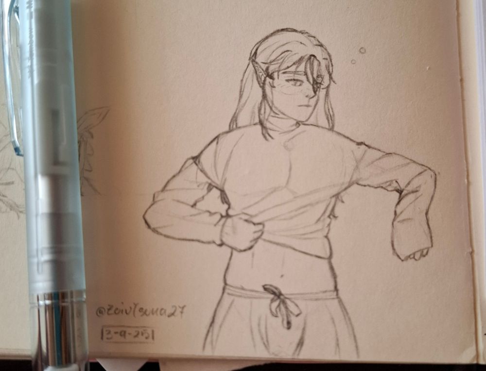 Hoshi, my OC, just woken up and getting dressed. He has his pajama pants and a turtleneck. It's inspired by @Ivy__draws ' (Twitter) Link fanart