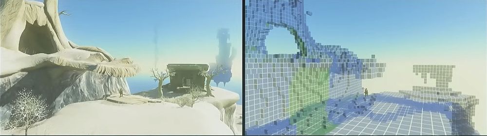 A screenshot from Tears of the Kingdom, showing a cave and terrain on a sky island. On the right is the same screenshot with a debug voxel rendering mode.