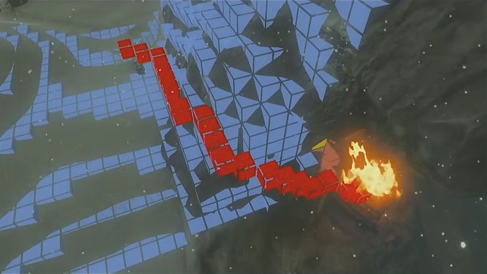A screenshot of Tears of the Kingdom with debug voxel view turned on, and a line of the voxels are highlighted red, connecting the source of a sound -- a fire -- to Link.