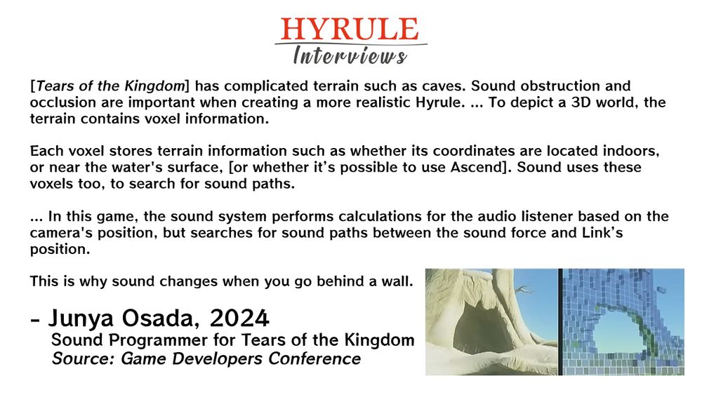 PEOPLE:
- Junya Osada. Sound Programmer for Tears of the Kingdom.

QUOTE: 
Osada: [Tears of the Kingdom] has complicated terrain such as caves. Sound obstruction and occlusion are important when creating a more realistic Hyrule. … To depict a 3D world, the terrain contains voxel information.

Each voxel stores terrain information such as whether its coordinates are located indoors, or near the water's surface, [or whether it’s possible to use Ascend]. Sound uses these voxels too, to search for sound paths.

… In this game, the sound system performs calculations for the audio listener based on the camera's position, but searches for sound paths between the sound force and Link’s position.

This is why sound changes when you go behind a wall.