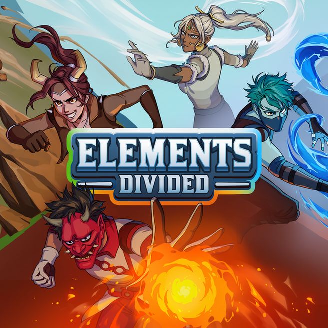 elements divided key art, featuring an air bender on the top half, an earth bender on the left half, a water bender on the right half, and a fire bender on the bottom half. they are all using elemental based abilities. in the middle, the ELEMENTS DIVIDED logo appears. 