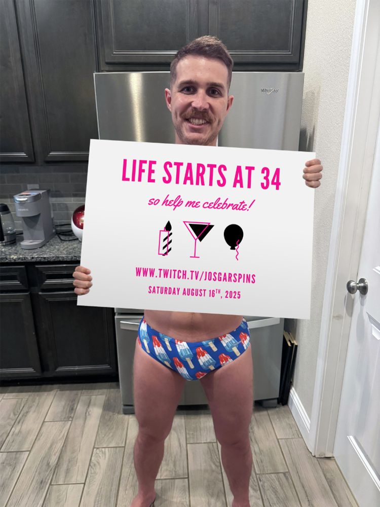 Josgar in a speedo advertising his birthday.