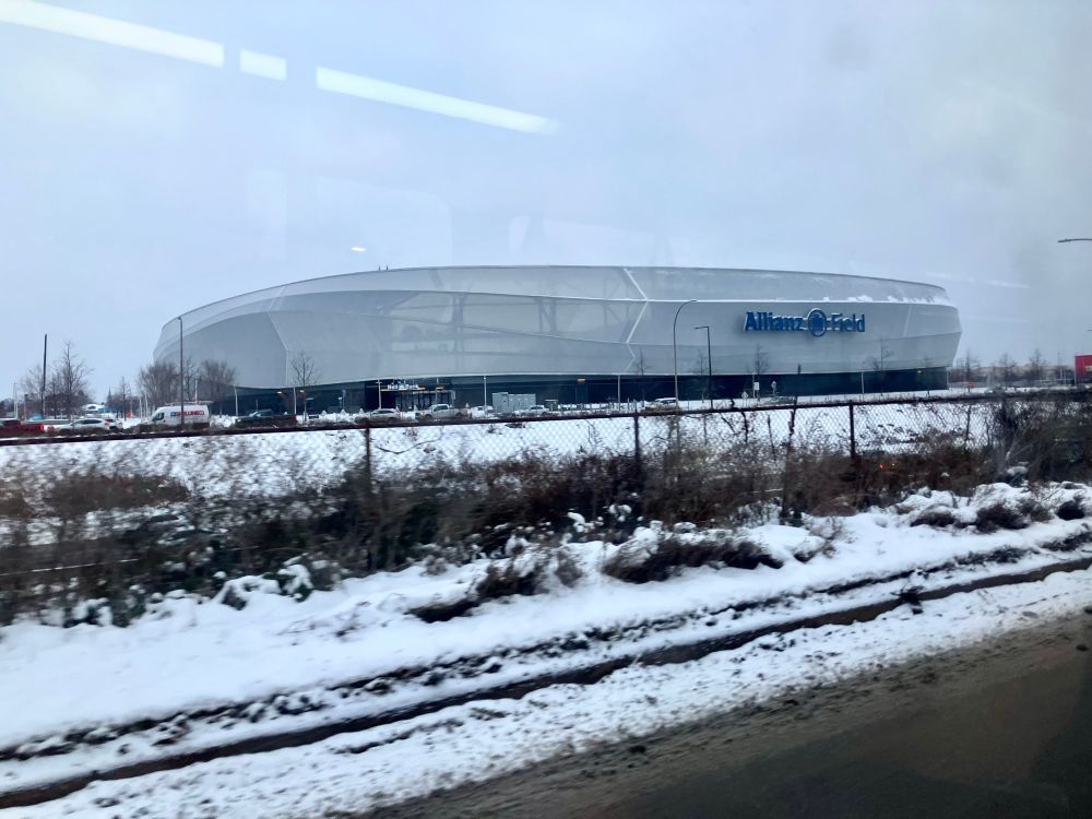 photo of Allianz Field in the dim light of a cloudy and snowy December morning in Saint Paul