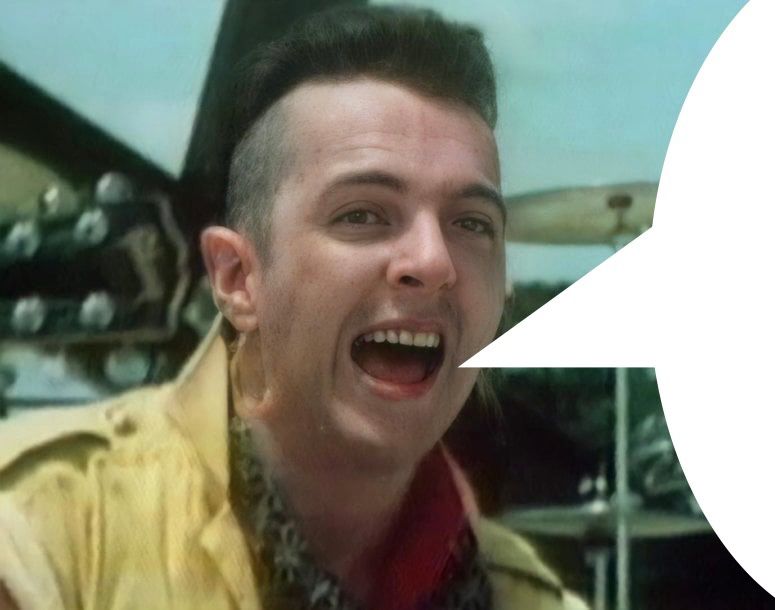 joe strummer singing with speech balloon