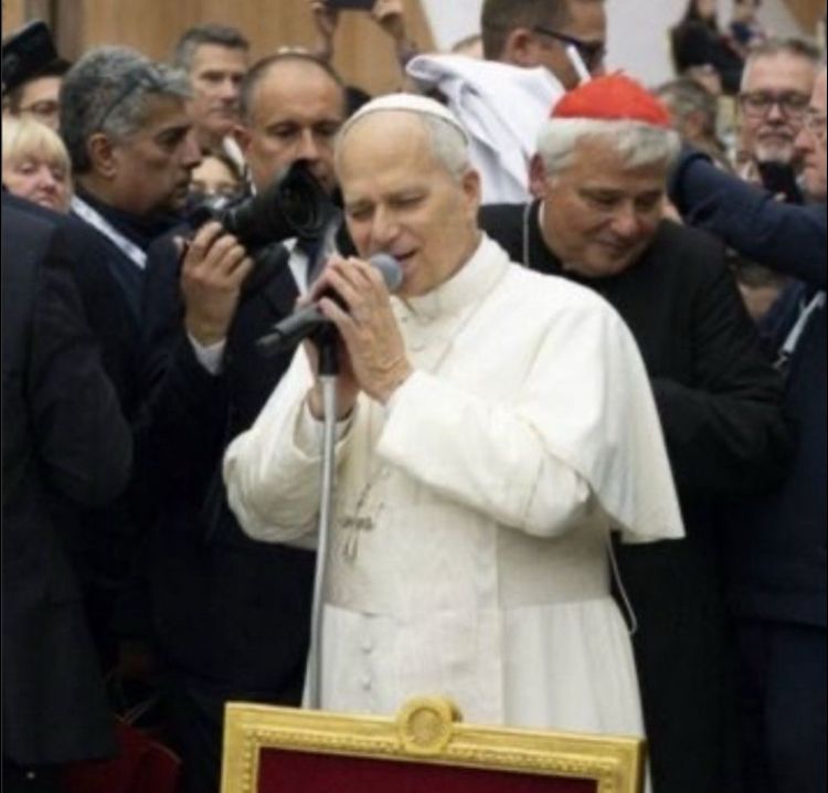 Pope Leo II holding a mic like he's singing intently in the meme photo