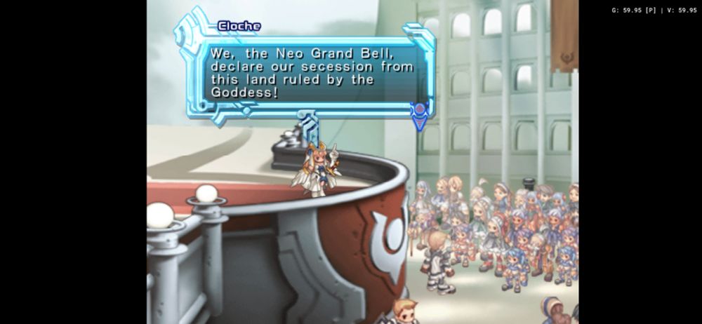 Cloche announcing her declaration of war in the Grand Bell before the people of Pastalia. 