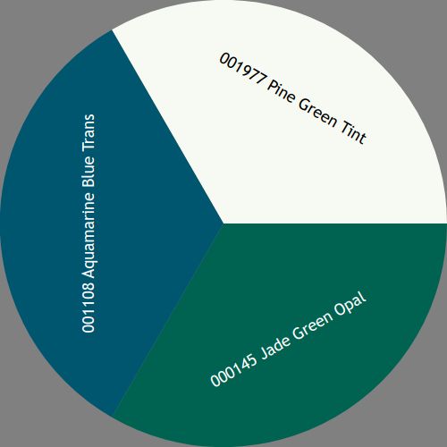 A circle split into three pie slices making an Analogous palette with the colors: 001977 Pine Green Tint, 000145 Jade Green Opal, and 001108 Aquamarine Blue Trans