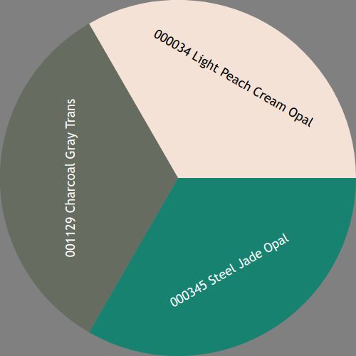 A circle split into three pie slices making a Complimentary palette with the colors: 000034 Light Peach Cream Opal, 000345 Steel Jade Opal, and 001129 Charcoal Gray Trans
