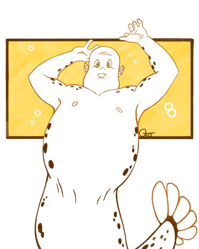 This merperson is an inflated blow fish. They are making a face like they are holding their breath. They are several shades of brown with darker brown spots. Their ear fins a very tiny.