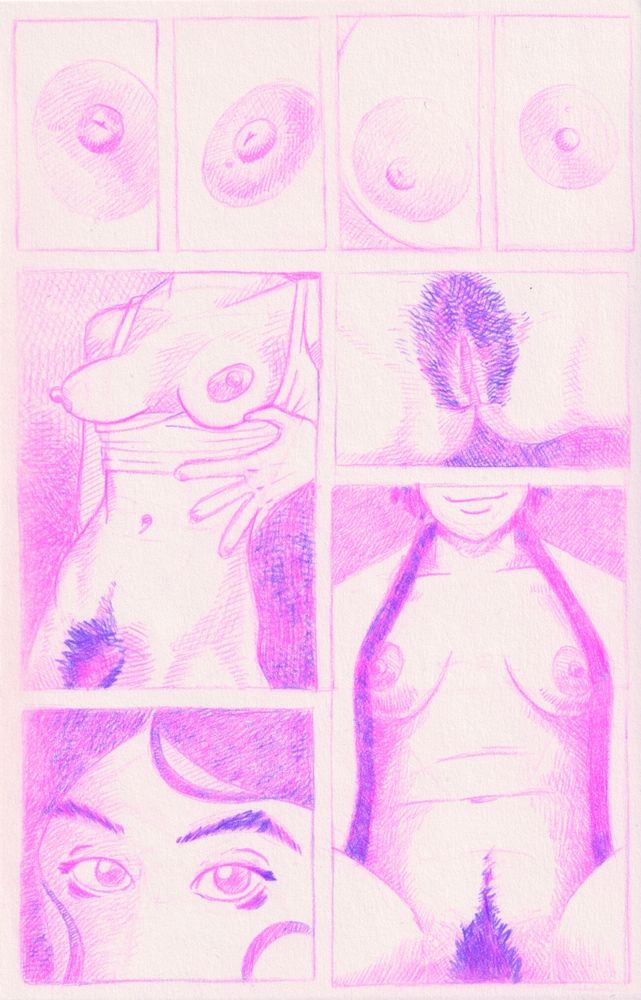 A sketch page of four illustrations of nipples. A closeup up on the pubic on someone's pubic hair, a close up on someone's eyes and a person wearing a robe.