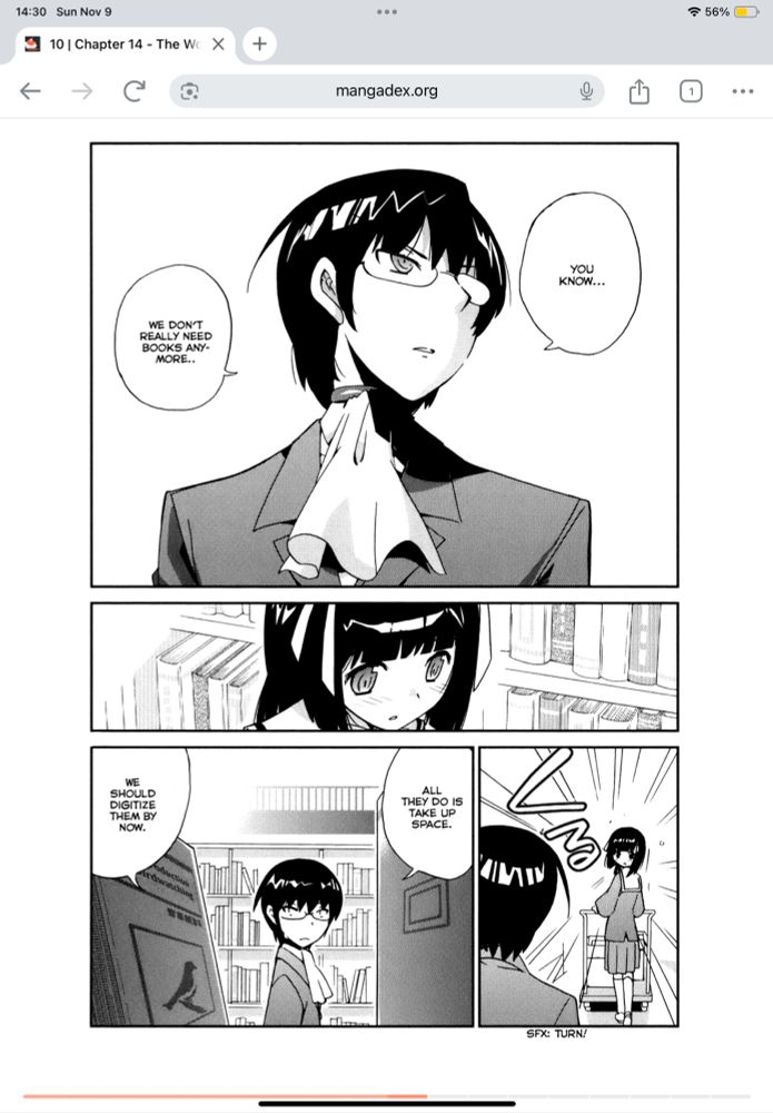 “You know… We don’t really need books anymore” Keima heartlessly tells the kindhearted librarian, making her freeze in her tracks and forget her previous embarrassment.