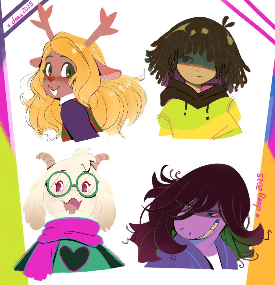 Drawings of Noelle, Kris, Ralsei, and Susie from Deltarune 