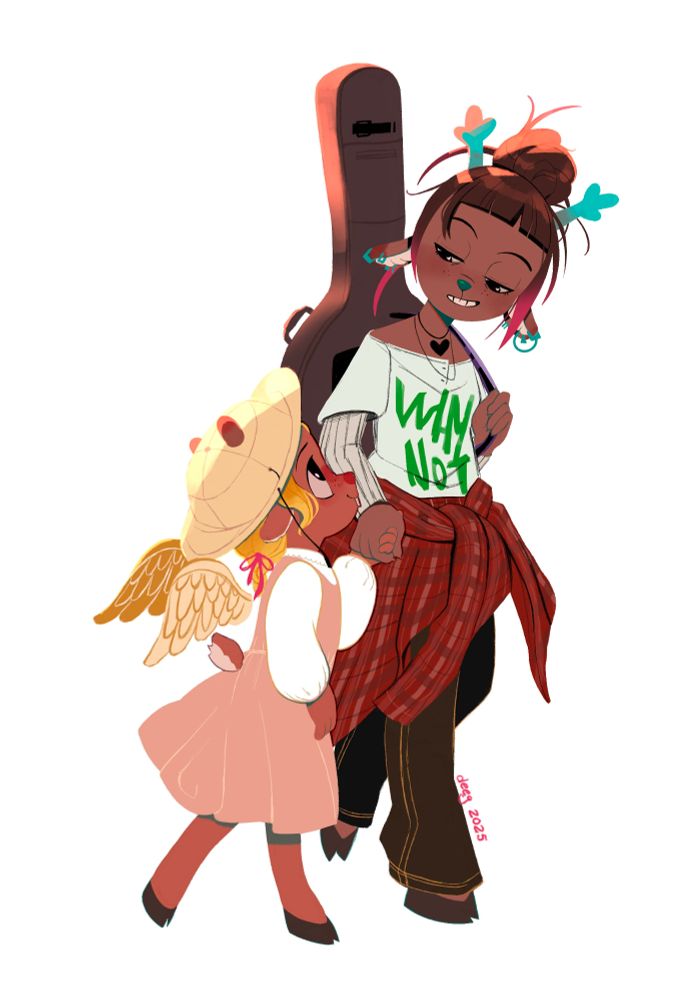 A drawing of two sisters from Deltarune, Noelle and Dess Holiday. Dess has a guitar case on her shoulder, and Noelle has angel wings. 