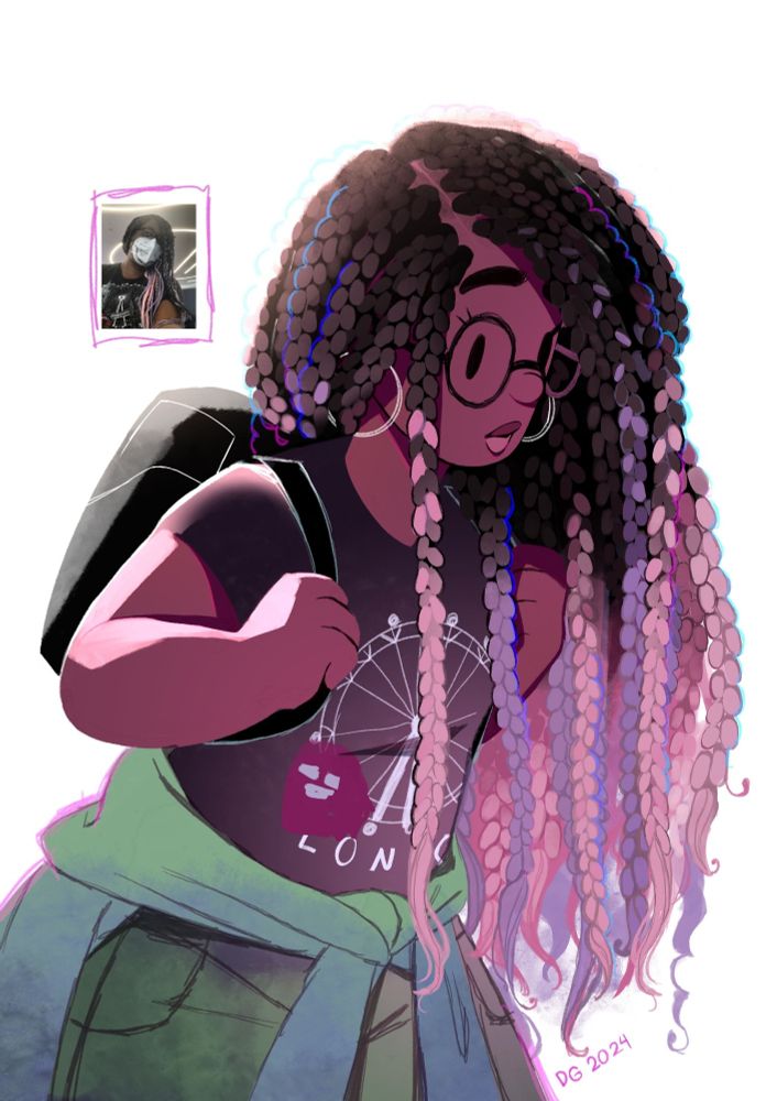 A drawing of a girl with pink and purple braids. In the image is a small photo reference of the same girl