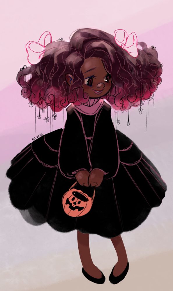 Little girl in black dress holding jack-o-lantern bucket