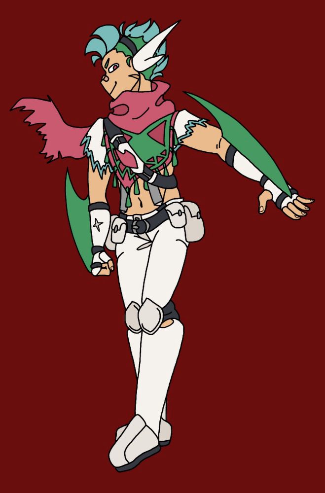 a gallade gijinka with tan skin drawn over a dark red background. they are turned to the side, a defiant smirk on their face and their left arm extended out to the side. their upper arms and midriff are exposed.
they have magenta eyes, a bandage on their nose, and a scar along their jawline. they have green shaved hair with a teal mohawk, and spiked white elf ear-like headgear with a dark grey band. they wear a magenta scarf, the torn end flowing off to the left side of the image. they have torn white sleeves with teal edges, and a green poncho with a magenta triangle pattern with magenta trim and green tassels. a dark grey belt-like strap crosses their chest with a white handle and a magenta spike. beneath all this they wear grey suspenders connecting to their white pants.
they wear white fingerless armguards with green blades extruding from the sides and connected via dark grey straps. the one on their right arm has an x-shaped scratch in it.they have a dark grey belt with a silver clasp around their waist, with four light grey bags at their waist: two on each side, a smaller one in front and a larger bag behind that. they have white hexagon-shaped kneeguards with dark grey straps and bulky knee-high guards with light grey boots with a dark grey sole.