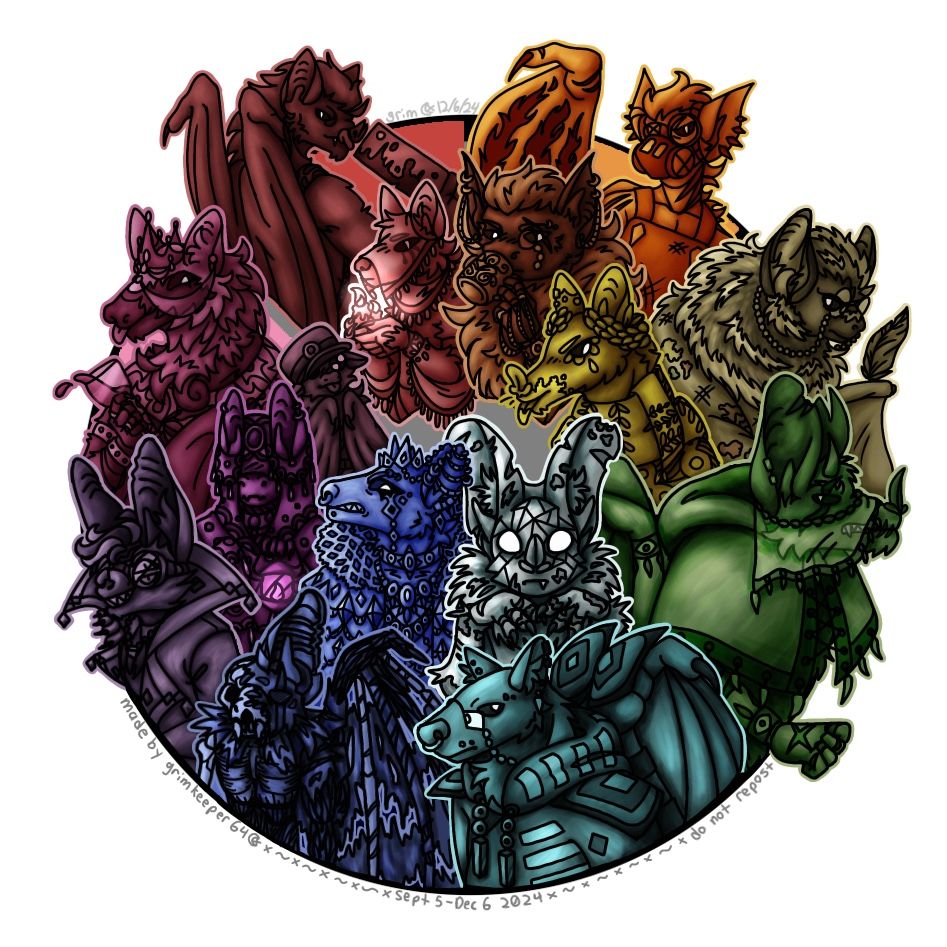 a color wheel drawing challenge done with the bat masters from fallen london. starting in red and moving clockwise:
Mr. Apples/Mr. Hearts, a common vampire bat in dark red and holding a cleaver. below it is a Seeking Mr. Eaten's Name-spoiler character in a light pink-red, holding candles. 
in scarlet-orange there is Mr. Fires, a painted bat, with stylized goggles and gas mask. below it is Mr. Cups, a canyon bat with a monocle and holding a mug to its mouth. 
in a goldenrod yellow is Mr. Spices, a mexican long-tongued bat with a laurel wreath and a scarf. to the left in a parchment-beige is Mr. Pages, a hoary bat in an ink-stained robe and holding a scroll and quill. 
in green is Mr. Veils, a spectral bat with scars and a plain cloak accessorized with teeth and claws. 
Mr. Mirrors is an emaciated light blue-grey ghost bat with a glass fracture pattern on its face and wide, empty eyes. Below it is Mr. Iron in a grey teal-blue with a rectangle-patterned cloak and armor-like accessories.
In medium blue is Mr. Stones, a dawn bat adorned with a comical amount of jewels and gemstones. below that is Mr. Eaten, a corpse of a barbastelle bat with the right side of its skull showing and most of its fur, skin and muscles missing.
in a dark purple is my OC, Mr. Vials, an ozark's big-eared bat wearing a stylized lab coat and goggles. in a purpleish-magenta is Mr. Chimes, holding a lantern and with a blindfold obscuring its facial features and chime-like bangles adorning its robes.
Mr. Wines is a hot pink giant golden-crowned flying fox with a crown and holding a goblet of alcohol. next to it in a pinkish-brown is a Railway-spoiler character, a young bat with large, innocent eyes and wearing a confuctor's hat.
the bottom of the piece is signed 'made by grimkeeper64, sept 5-dec 6, 2024, do not repost'