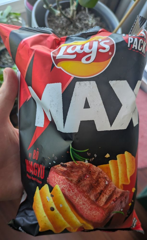 wagyu beef flavored potato chips. Procured from t&t
Asian made chips are always chock full of palm oil, which gives them that rich MOUTH FEEL yes I said it. I expect this had more than usual to capture the Wagyu flavor. Palm oil plantations are destroying biodiversity in South America so don't buy these.