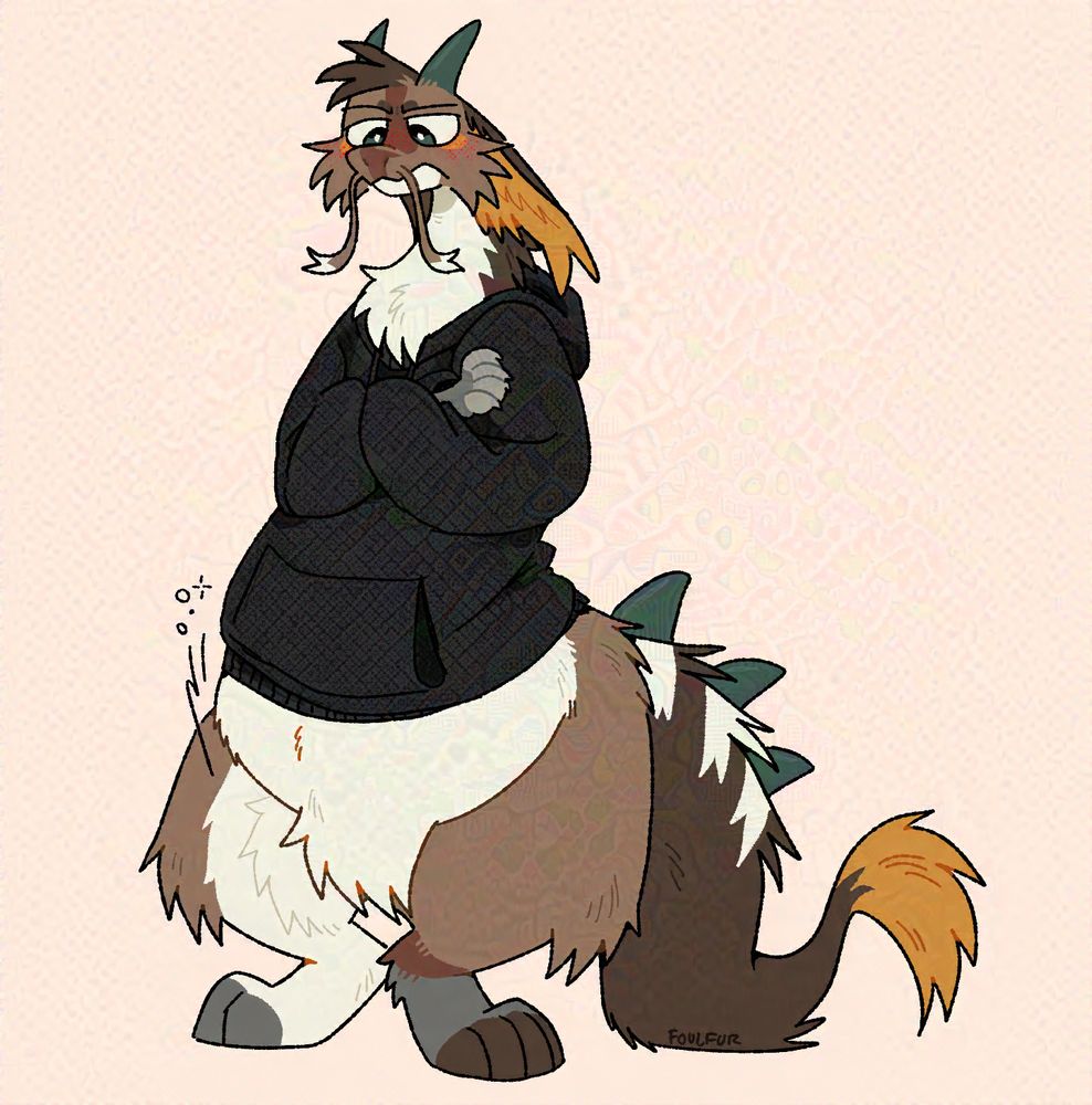Oishii the dragon, blushing looking disgruntled at their large tummy. it is bulging out from under their already oversized hoodie. by Foulfur.