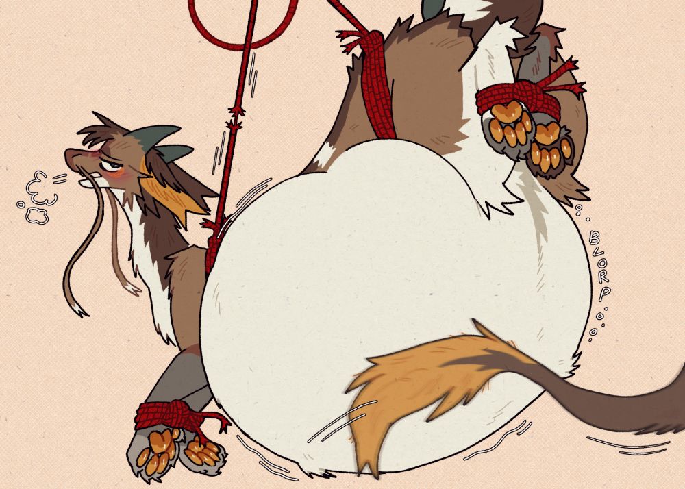 Oishii the dragon, tied up and suspended in the air with red rope. They blush and huff, with a full rotund bulging belly. Their arms and back legs are bound with rope. A strand of supporting rope starts to fray, seemingly about to snap.