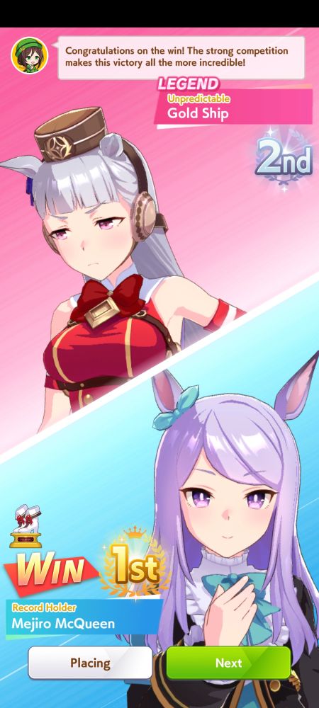 A screenshot of the head-to-head results of the Legend Race vs. Gold Ship (Takarazuka Kinen @ Hanshin, turf 2200m). Mejiro McQueen finished 1st while Gold Ship finished 2nd.