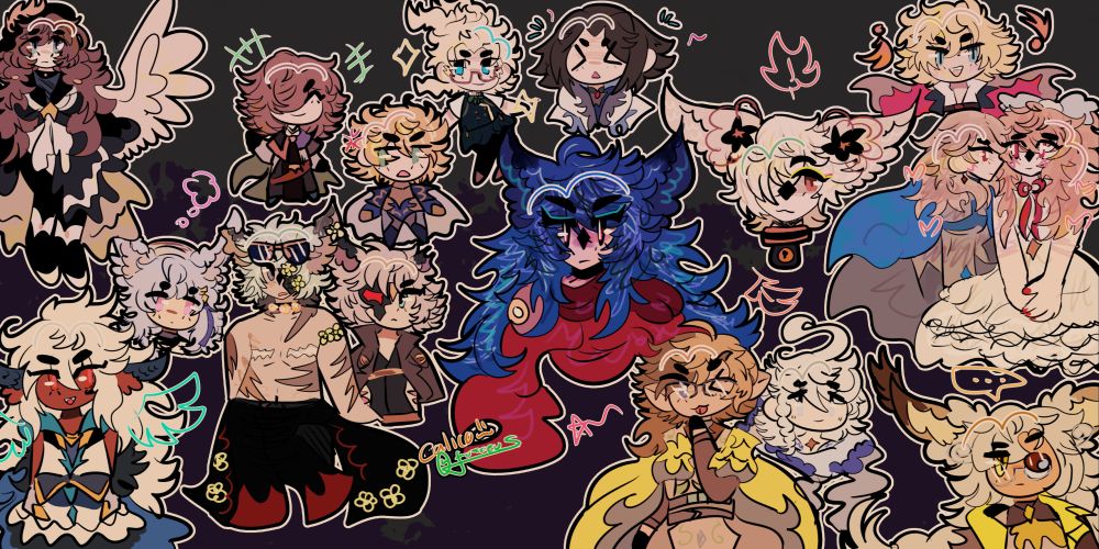 a sketch page of various characters from granblue fantasy