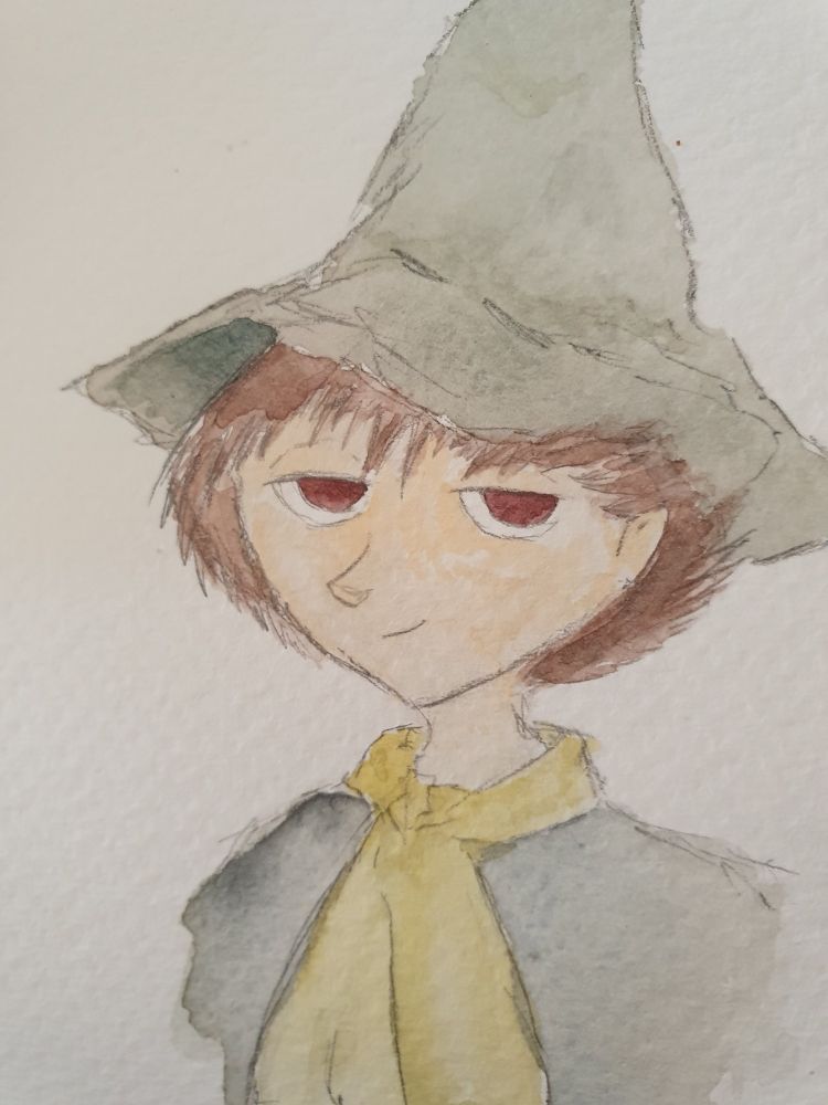 Watercolor art of Snufkin from Moomin, with his green hat and yellow scarf