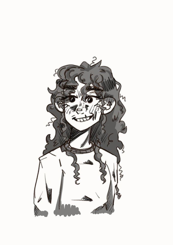 A drawing of a 26 years old girl with loooong curly hair, big brown eyes and a funny smile. She has wrinkles and dark circles due to exhaustion and she's the love of my life. Her name is María de las Mercedes, she's my OC from a roleplay game called degenesis