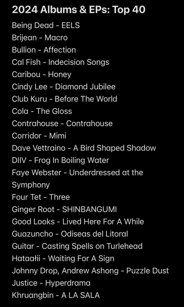 2024 Albums & EPs: Top 40
Being Dead - EELS
Brijean - Macro
Bullion - Affection
Cal Fish - Indecision Songs
Caribou - Honey
Cindy Lee - Diamond Jubilee
Club Kuru - Before The World
Cola - The Gloss
Contrahouse - Contrahouse
Corridor - Mimi
Dave Vettraino - A Bird Shaped Shadow
DIIV - Frog In Boiling Water
Faye Webster - Underdressed at the Symphony
Four Tet - Three
Ginger Root - SHINBANGUMI
Good Looks - Lived Here For A While
Guazuncho - Odiseas del Litoral
Guitar - Casting Spells on Turlehead
Hataałii - Waiting For A Sign
Johnny Drop, Andrew Ashong - Puzzle Dust
Justice - Hyperdrama
Khruangbin - A LA SALA