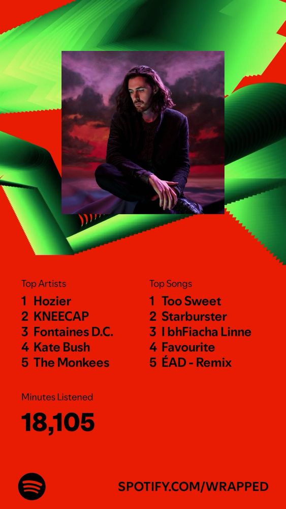 Spotify Wrapped summary. It features a photo of Hozier sitting against a backdrop of a dramatic sky, with a vibrant red and green design surrounding it. 
The text lists top 5 artists:

	1.	Hozier
	2.	KNEECAP
	3.	Fontaines D.C.
	4.	Kate Bush
	5.	The Monkees

top songs:
	1.	“Too Sweet”
	2.	“Starburster”
	3.	“I bhFiacha Linne”
	4.	“Favourite”
	5.	“ÉAD - Remix”

The total minutes listened is 18,105.