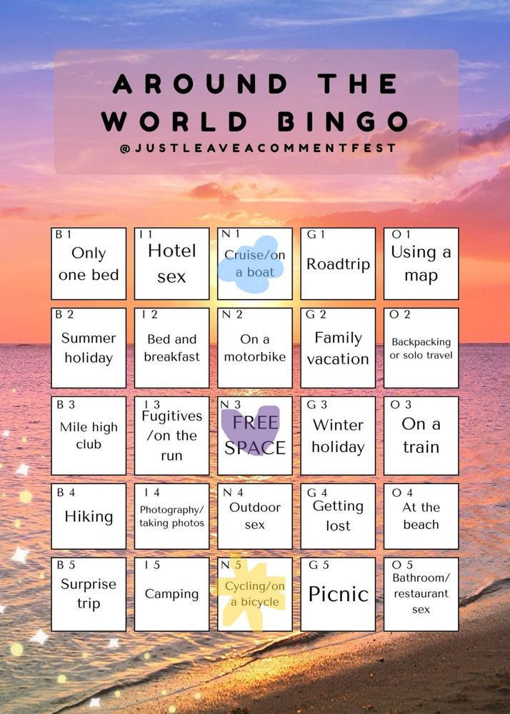 around the world bingo from @justleaveacommentfest
filled in squares for cycling/on a bicycle, cruise/on a boat, and free space