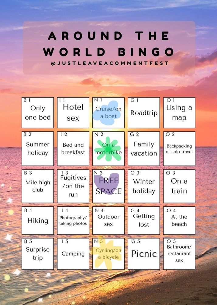 around the world bingo from @justleaveacommentfest, with squares filled in for cruise/on a boat, on a motorbike, free space, and cycling/on a bicycle