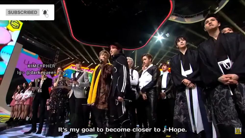 namjoon and hobi being interviewed by the hosts at 2017 gayo daejeon. the hosts had asked if they had any new year's resolutions, and namjoon is saying in subtitles "it's my goal to become closer to j-hope."