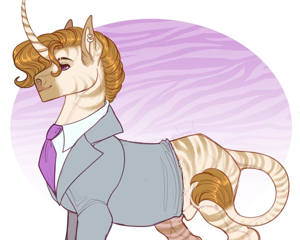 A picture of a zebra unicorn with brown stripes wearing a pressed suit with a purple tie