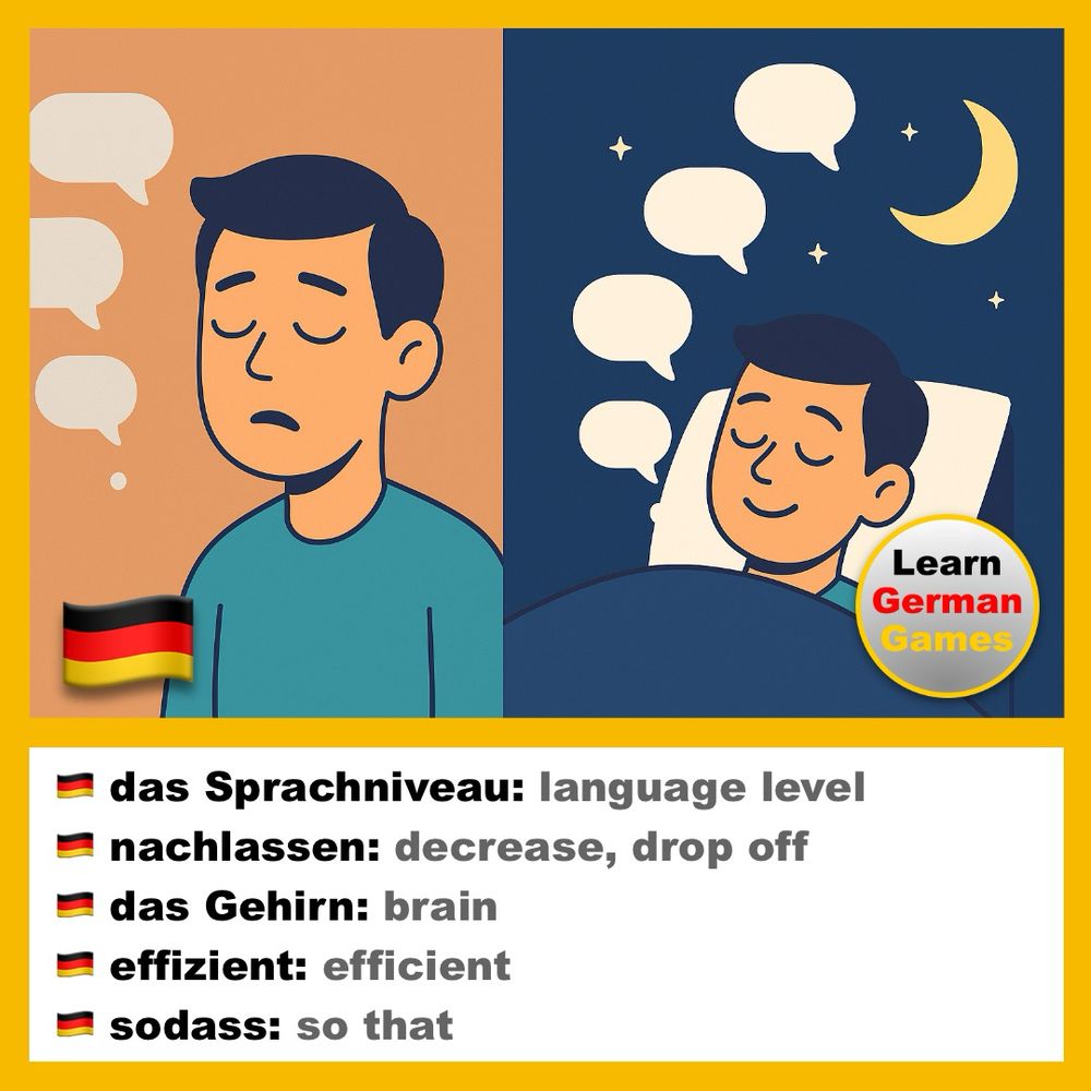Two‑panel cartoon. Left: warm orange shows tired young man in teal shirt, eyes half shut, three pale speech bubbles drifting downward to depict fading speech. Right: night‑blue with stars and crescent moon shows him asleep under a blanket; six green bubbles rise, symbolizing refreshed fluency.