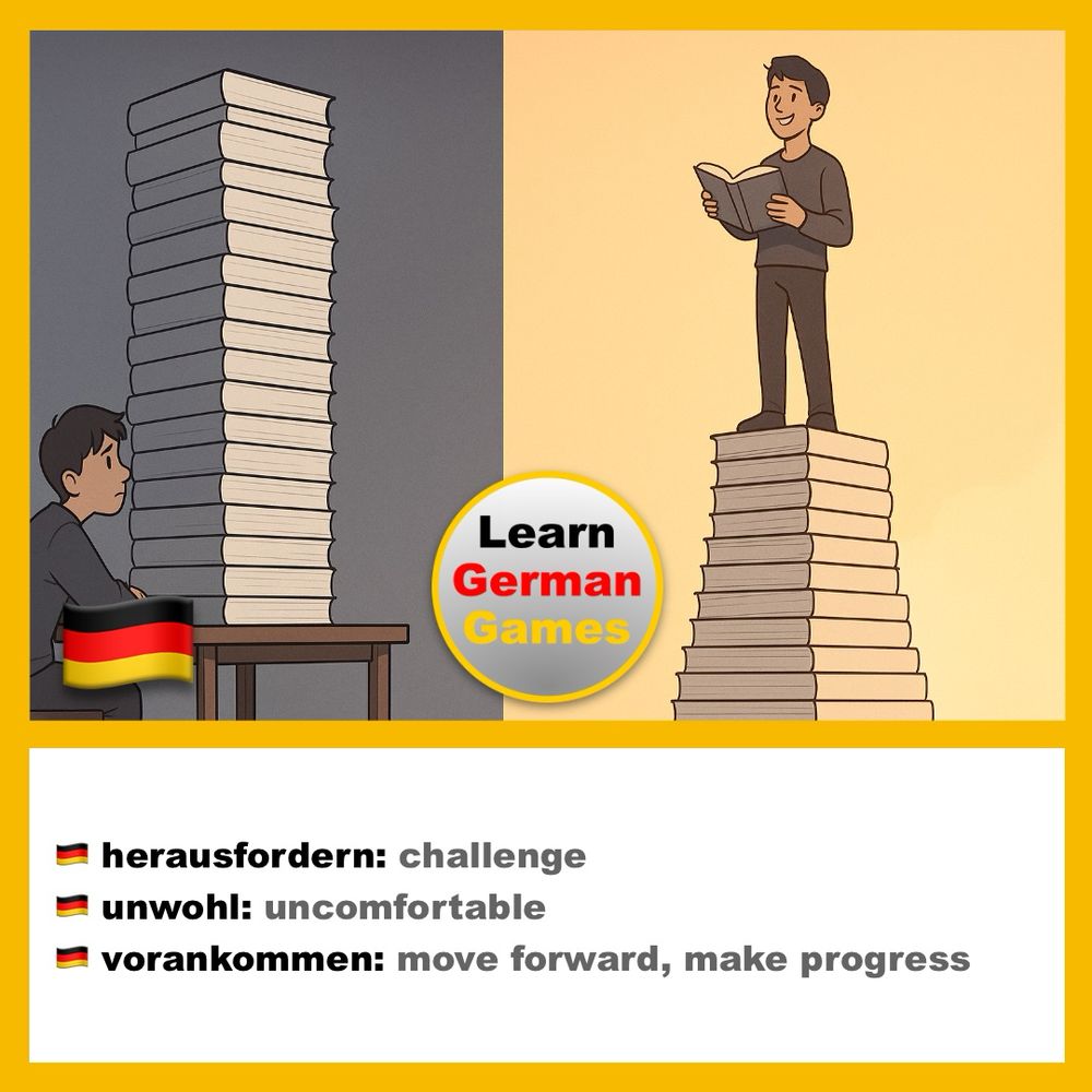 Two-panel illustration: left, a cool blue-gray scene shows a student slumped at a desk, dwarfed by a sky-high tower of books; right, a warm orange scene shows the same student standing atop the stack, smiling and reading an open book, visually symbolizing progress and growing confidence.
