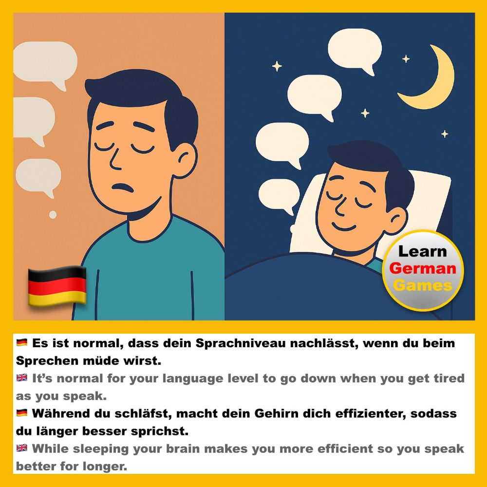Split‑panel illustration in flat cartoon style with no text. On the left, a warm orange backdrop frames a weary young man with short dark hair and a teal T‑shirt. His eyelids droop, mouth turns down, and shoulders sag in fatigue. Three pale beige speech bubbles drift downward beside him, each smaller and lighter, showing waning fluency. A thin vertical line divides the scenes. On the right, a deep midnight‑blue background dotted with small stars and a crescent moon holds the same man sleeping beneath a dark blue blanket, head on a white pillow, eyes closed, lips relaxed in a gentle smile. Six vivid green speech bubbles rise around him, growing larger and brighter, symbolizing refreshed, more efficient speech after rest. The following text is written under on image: “It’s normal for your language level to go down when you get tired as you speak. While sleeping your brain makes you more efficient so you speak better for longer.” On the right is the Learn German Games logo.