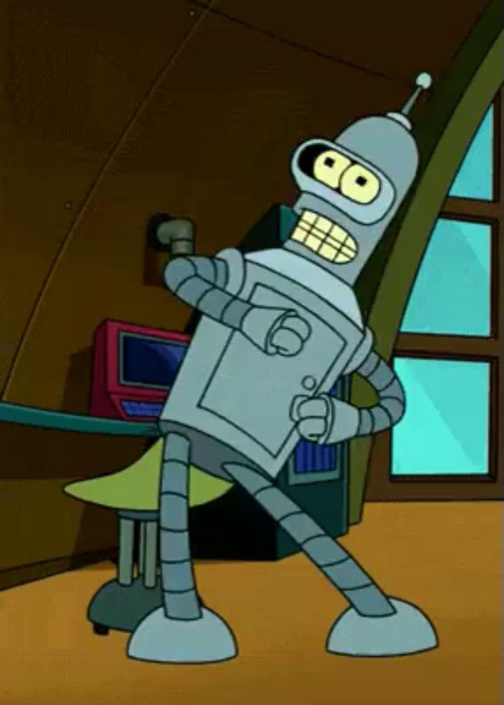 bender from futurama is standing in a room with his arms outstretched