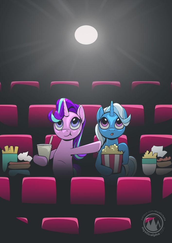 Starlight Glimmer and Trixie sitting in the middle of the dark empty movie theater surrounded with snacks