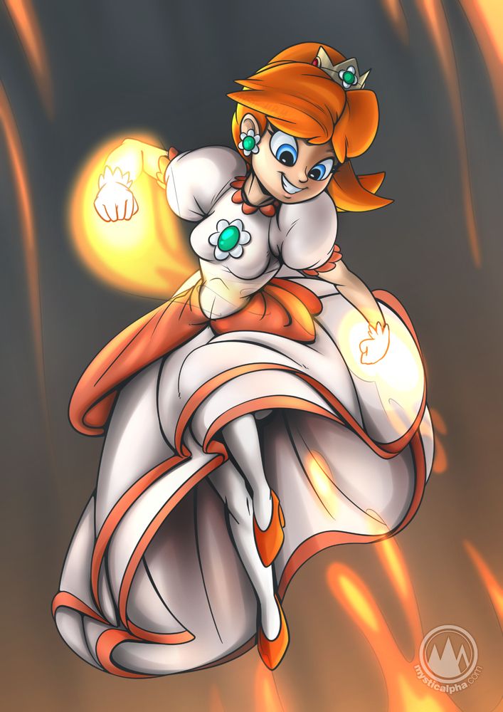 Princess Daisy up in the air in her fireball powerup outfit looking down with her right arm pulled back ready to strike with fireballs on both fists