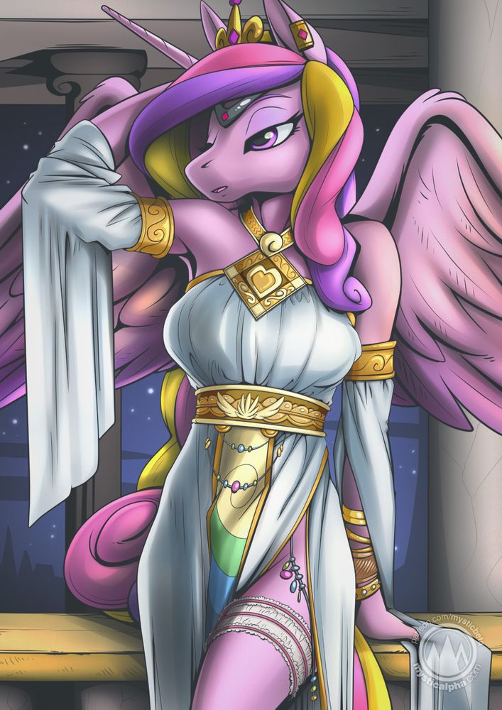Anthro Cadance wearing a Greek-like outfit adorned with golden accessories, long half sleeves, at a temple-like location at night time standing, staring off to the side, leaning against a railing, arm up messing with hair