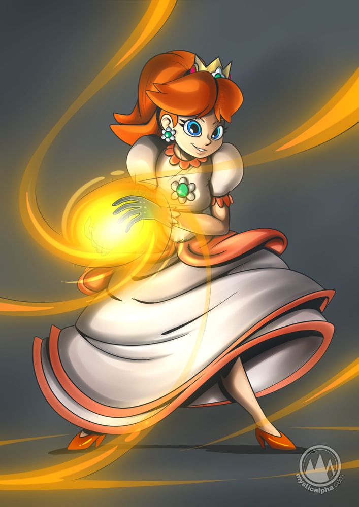 princess daisy in fireball power up outfit in a stance charging up a fireball