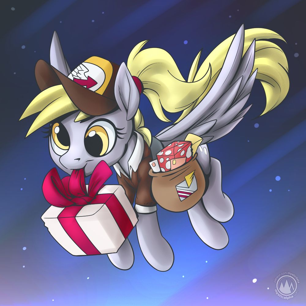 Derpy Hooves in her mail uniform carrying a wrapped xmas present in her mouth and wearing a mail punch with letters and packages flying through the night sky to deliver