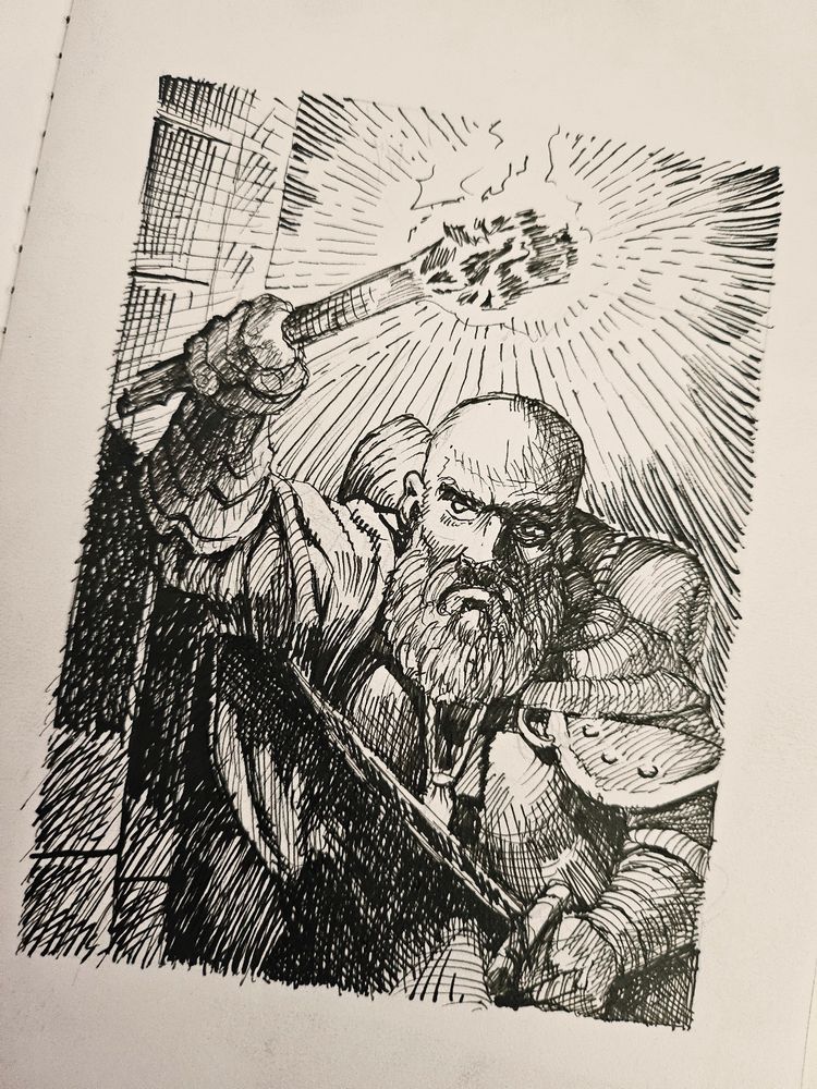 Ink drawing of an adventurer walking through a dark vault with a torch. He is bald and wears a beard.