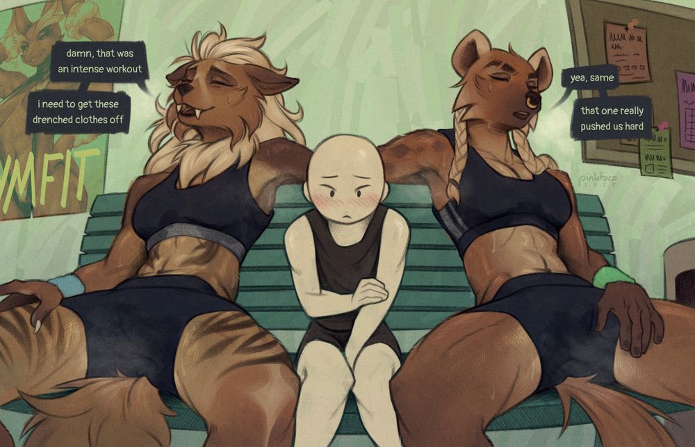 illustration of a little man sitting on a bench and he's accompanied by treska, the commissioners oc, and rakiya, my own oc. rakiya and treska just got done with a workout, their bodies are hot, steaming and sweaty. guy in the middle is trying his best to not accidentally touch either of them, he's very flustered.