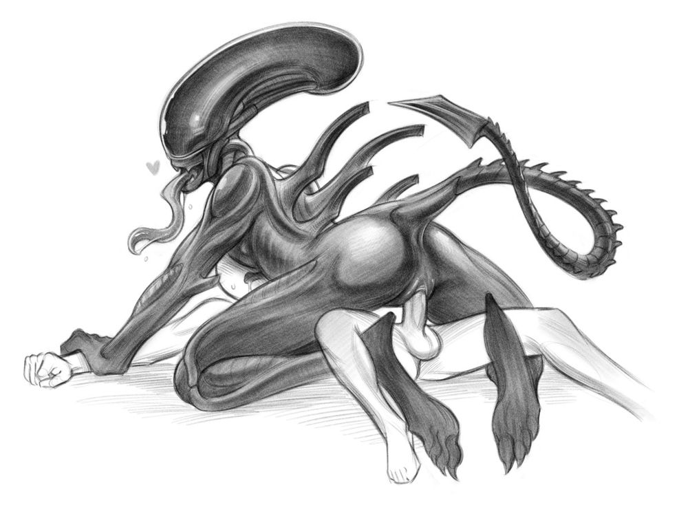 a black and white drawing of a xenomorph pinning down a guy. she's in a cowgirl position pushing her breasts into his face and riding his dick.