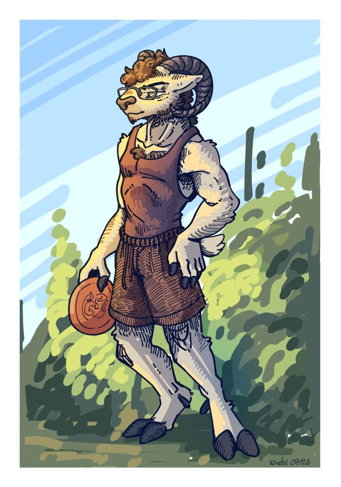 A coloured sketch of an anthropomorphic ram with glasses, looking in the distance with a neutral expression. He holds an orange frisbee, and wears a tank top and shorts.