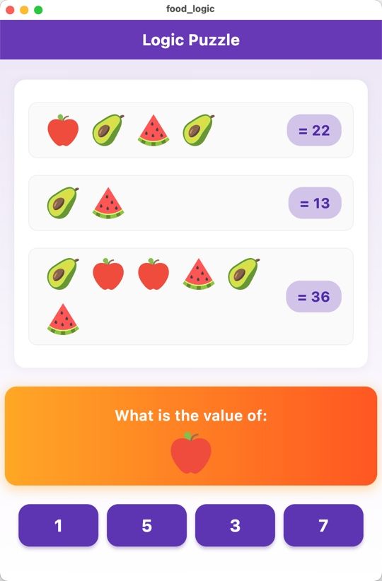 An image of a game screen showing various fruit and the combined numerical value for a row of fruits. You have to figure out what the value of a particular fruit is based on the provided information.